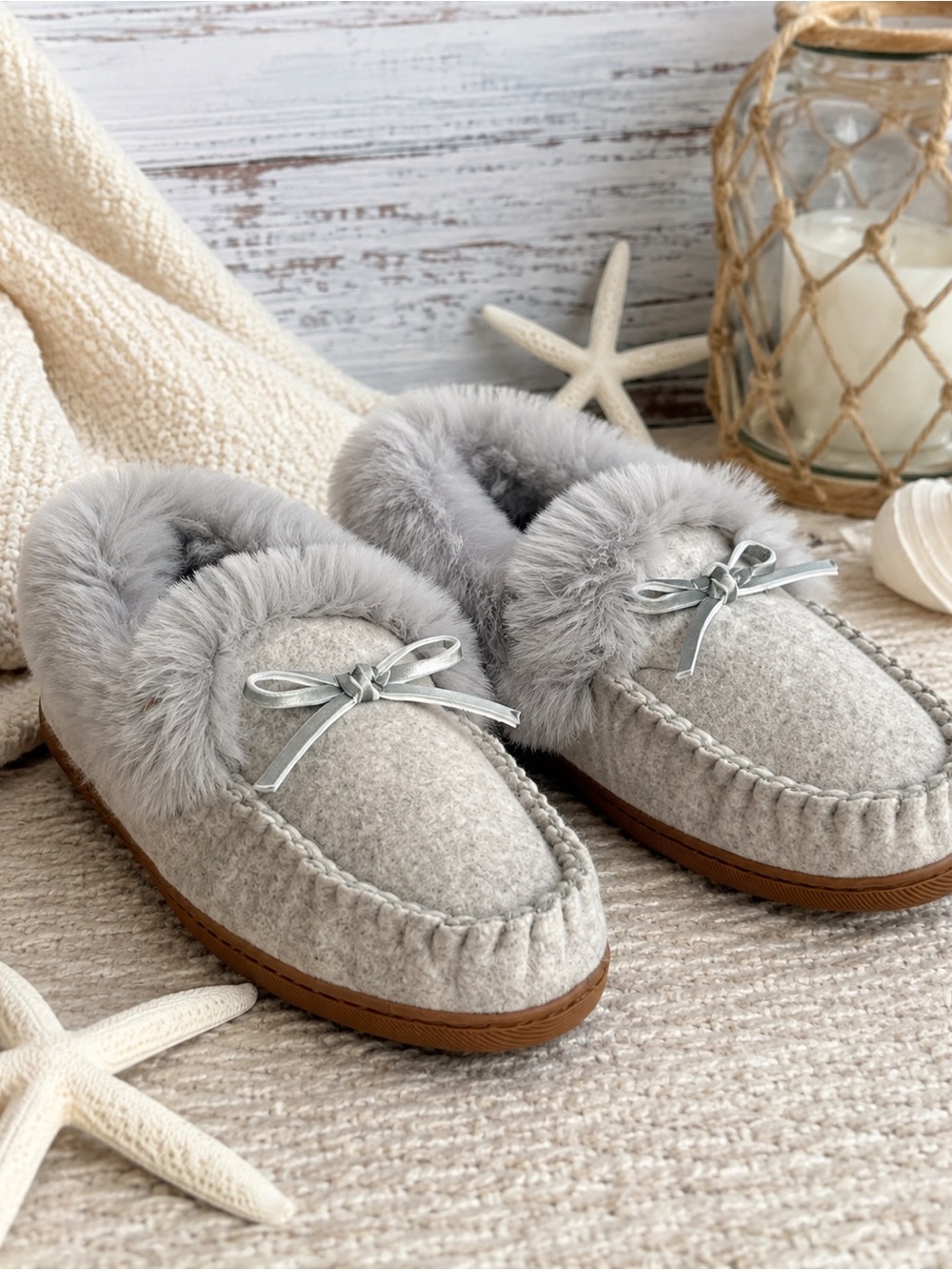 J.Crew Faux Fur Moccasin Slippers Gray Size 7 NWT Cozy House Shoes
